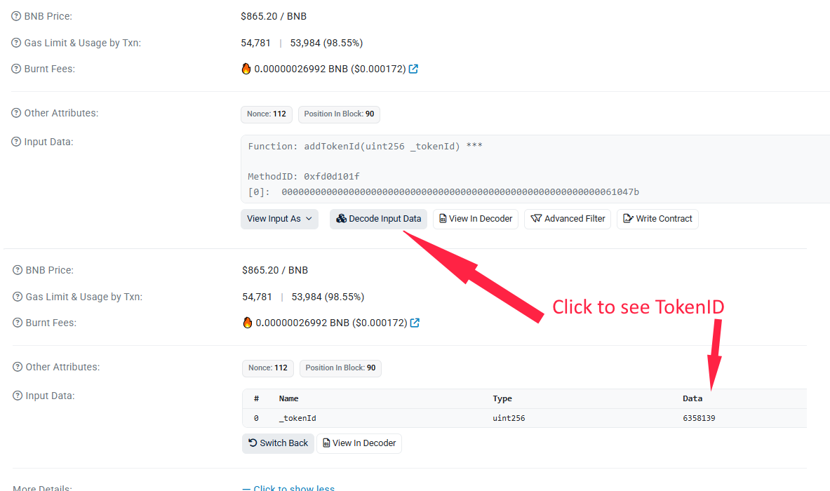 Decoded transaction input displaying PancakeSwap V3 token ID