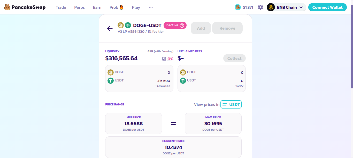 PancakeSwap V3 DOGE-USDT liquidity position linked to Cyrus Finance