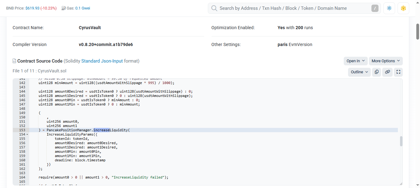 CyrusFinance Vault contract code calling PancakeSwap V3 increaseLiquidity